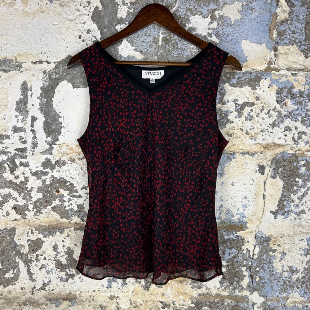 Y2K Studio I Blouse Black Red Geometric V-Neck Sleeveless Chiffon Womens 12